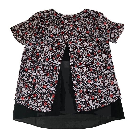 Michael Kors Womens Floral Short Sleeve Blouse Split Back Sheer Size Medium - Picture 2 of 13